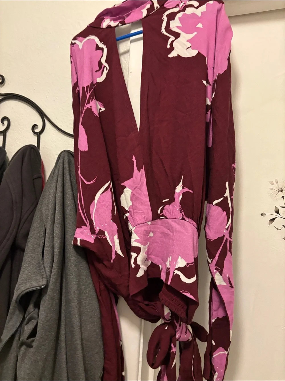Free People Plum Floral Wrap Blouse with Pink Print